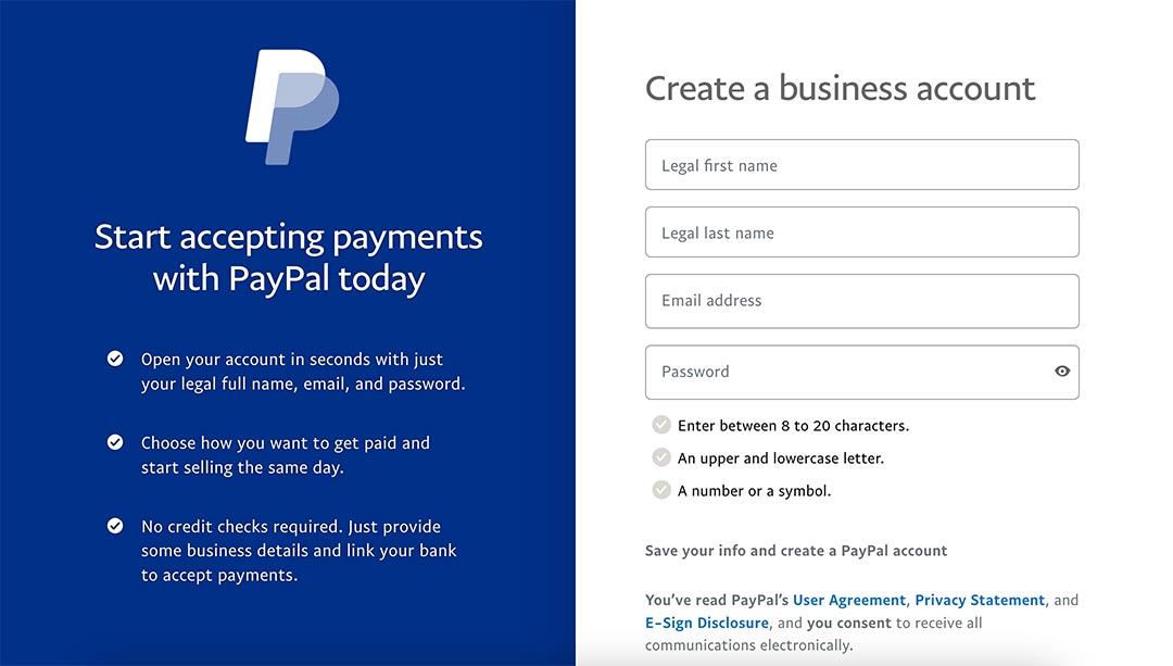 PayPal Create Account Information